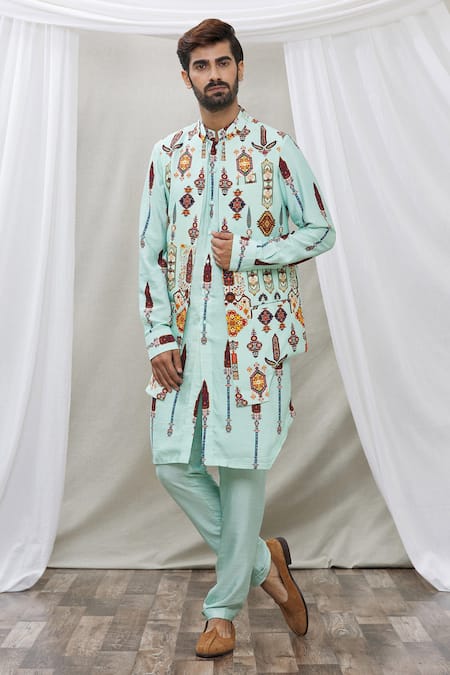 Ankur J Blue Cotton Silk Floral Printed Waistcoat And Kurta Set 