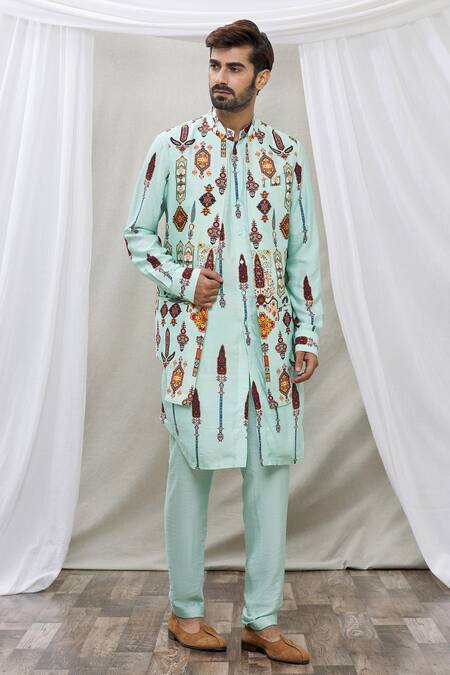 Ankur J_Blue Cotton Silk Floral Printed Waistcoat And Kurta Set _Online_at_Aza_Fashions