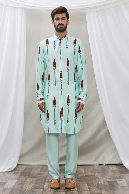 Buy_Ankur J_Blue Cotton Silk Floral Printed Waistcoat And Kurta Set _Online_at_Aza_Fashions