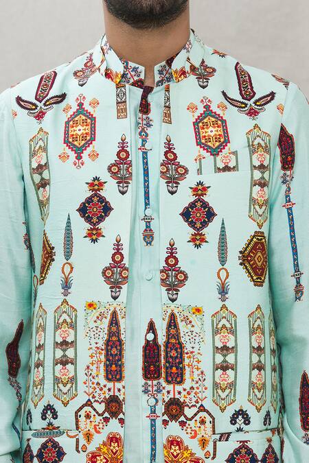 Ankur J_Blue Cotton Silk Floral Printed Waistcoat And Kurta Set _at_Aza_Fashions