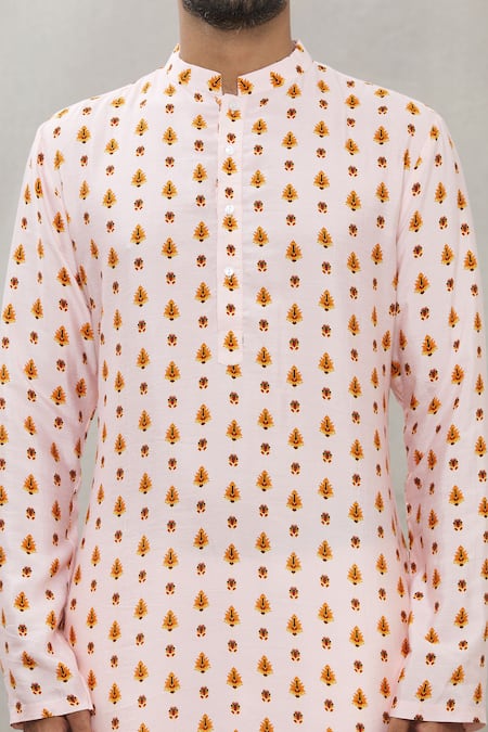 Ankur J_Pink Cotton Silk Floral Print Kurta Set _at_Aza_Fashions