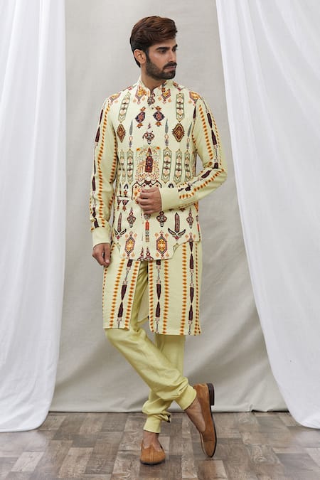 Ankur J Green Cotton Silk Floral, Paisley Printed Waistcoat And Kurta Set 