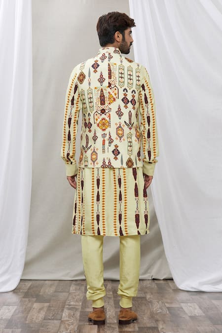 Shop Ankur J Green Cotton Silk Floral, Paisley Printed Waistcoat And Kurta Set at Aza Fashions Shop_Ankur J_Green Cotton Silk Floral, Paisley Printed Waistcoat And Kurta Set _at_Aza_Fashions