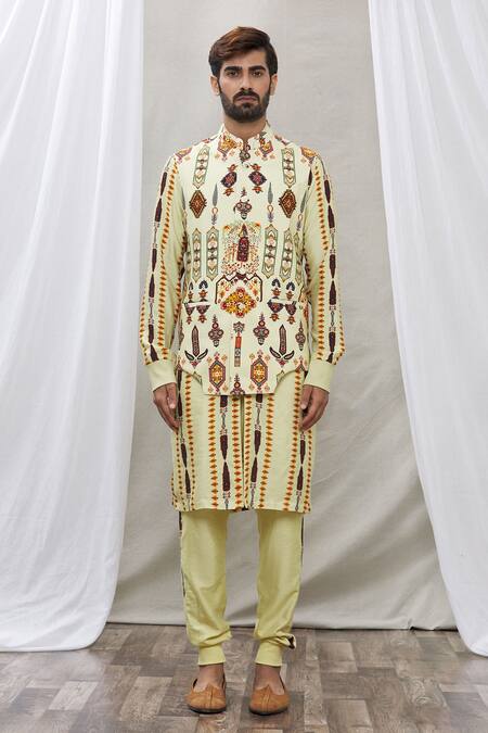 Ankur J Green Cotton Silk Floral, Paisley Printed Waistcoat And Kurta Set Online at Aza Fashions Ankur J_Green Cotton Silk Floral, Paisley Printed Waistcoat And Kurta Set _Online_at_Aza_Fashions