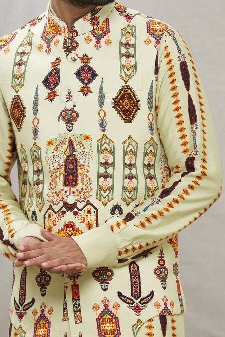 Ankur J Green Cotton Silk Floral, Paisley Printed Waistcoat And Kurta Set at Aza Fashions Ankur J_Green Cotton Silk Floral, Paisley Printed Waistcoat And Kurta Set _at_Aza_Fashions