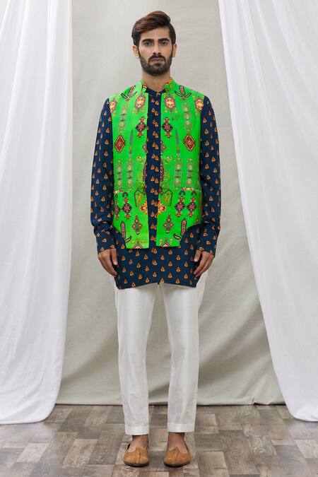 Ankur J_Green Cotton Silk Floral, Paisley Printed Waistcoat And Kurta Set_Online_at_Aza_Fashions