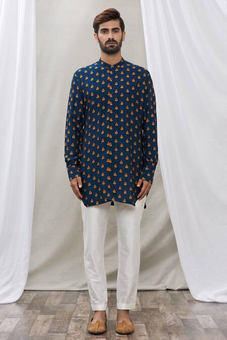 Buy_Ankur J_Green Cotton Silk Floral, Paisley Printed Waistcoat And Kurta Set_Online_at_Aza_Fashions