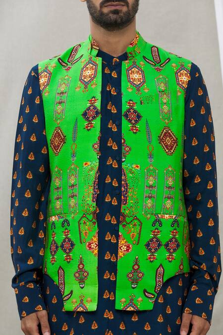 Ankur J_Green Cotton Silk Floral, Paisley Printed Waistcoat And Kurta Set_at_Aza_Fashions