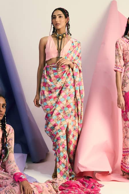 Shop Limerick By Abirr N' Nanki Pink Crepe Scallop Printed Pre-draped Saree at Aza Fashions Shop_Limerick By Abirr N' Nanki_Pink Crepe Scallop Printed Pre-draped Saree_at_Aza_Fashions