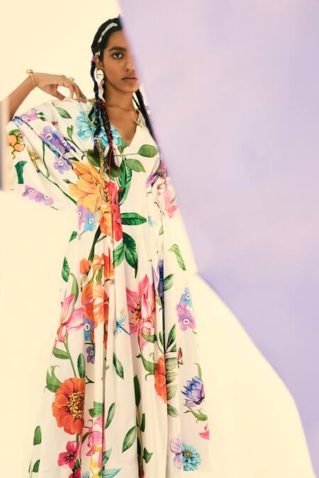 Limerick By Abirr N' Nanki_Ivory Hybrid Silk Floral V Neck Printed Draped Dress_Online_at_Aza_Fashions