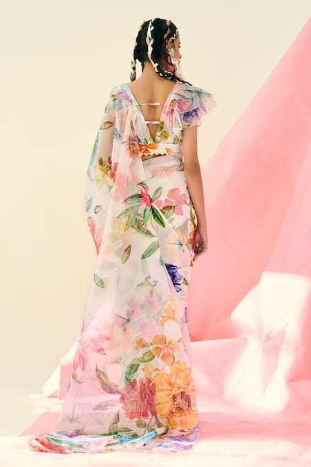 Shop Limerick By Abirr N' Nanki Ivory Organza, Crepe Floral V Neck Print Crop Top at Aza Fashions Shop_Limerick By Abirr N' Nanki_Ivory Organza, Crepe Floral V Neck Print Crop Top _at_Aza_Fashions