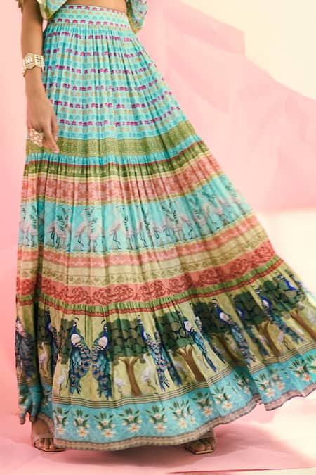 Shop_Limerick by Abirr N' Nanki_Blue Crepe Bird, Floral Printed Pleated Skirt _at_Aza_Fashions