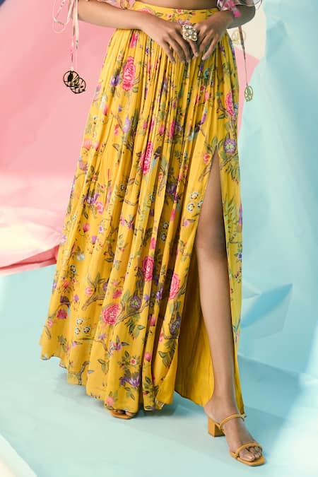 Limerick By Abirr N' Nanki_Yellow Georgette Floral Motifs Pleated Print Skirt_Online_at_Aza_Fashions