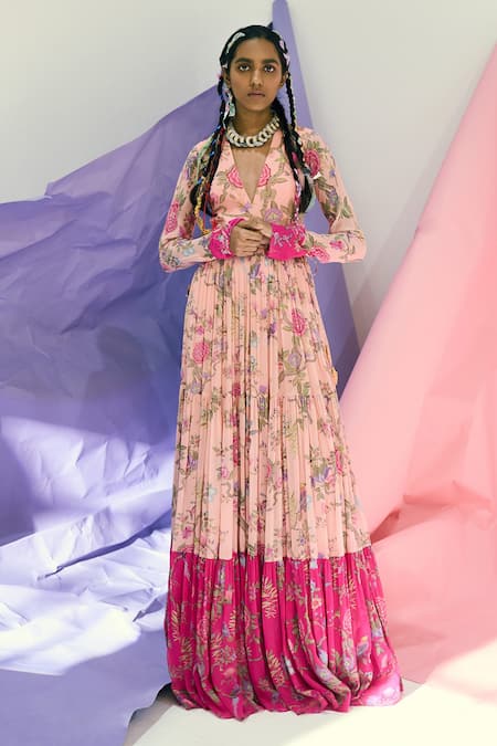 Limerick by Abirr N' Nanki Pink Georgette Printed Floral Motifs V Neck Pleated Dress 