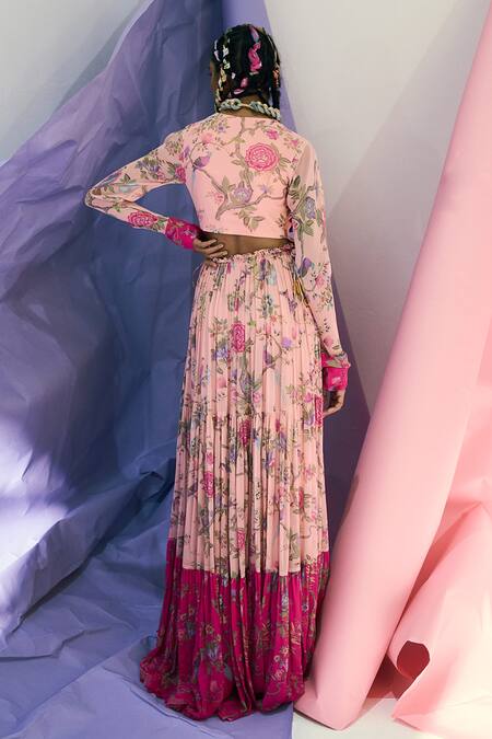 Shop_Limerick By Abirr N' Nanki_Pink Georgette Floral Motifs V Neck Print Pleated Dress _at_Aza_Fashions