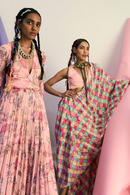 Limerick By Abirr N' Nanki_Pink Georgette Floral Motifs V Neck Print Pleated Dress _Online_at_Aza_Fashions