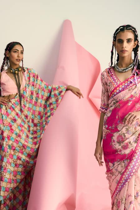 Buy_Limerick By Abirr N' Nanki_Pink Georgette Floral Motifs V Neck Print Blouse_Online_at_Aza_Fashions