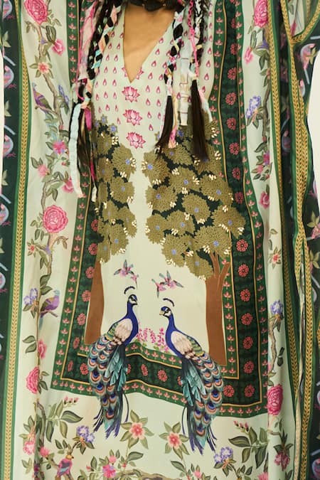 Shop Limerick By Abirr N' Nanki Green Crepe Bird And Floral Motifs V Neck Peacock Print Kaftan at Aza Fashions Shop_Limerick By Abirr N' Nanki_Green Crepe Bird And Floral Motifs V Neck Peacock Print Kaftan _at_Aza_Fashions