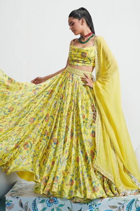Buy_Mahima Mahajan_Yellow Organza, Satin Organza, Shantoon Daniya Botanical Print Lehenga Set_Online_at_Aza_Fashions