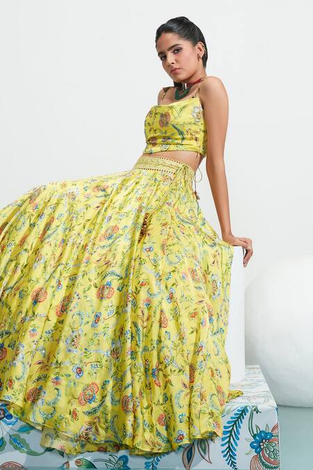 Shop_Mahima Mahajan_Yellow Organza, Satin Organza, Shantoon Daniya Botanical Print Lehenga Set_Online_at_Aza_Fashions