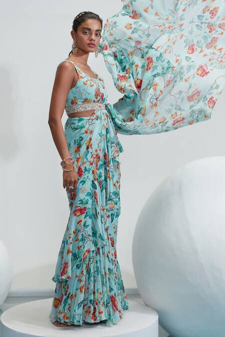 Mahima Mahajan_Blue Georgette, Cotton Lycra, Amani Printed Pre-stitched Saree With Blouse_Online_at_Aza_Fashions
