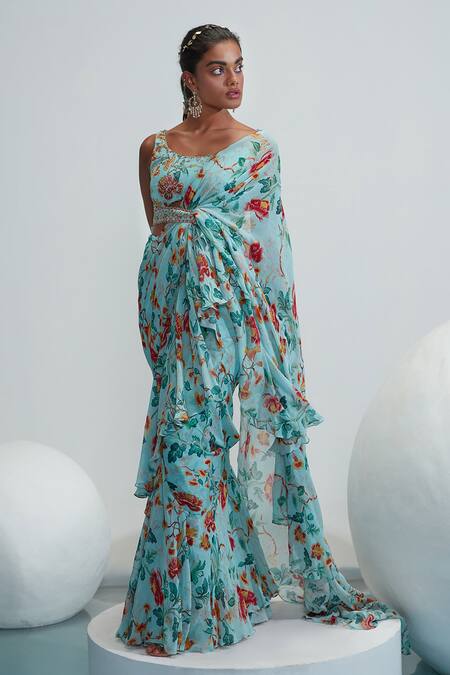 Buy_Mahima Mahajan_Blue Georgette, Cotton Lycra, Amani Printed Pre-stitched Saree With Blouse_Online_at_Aza_Fashions