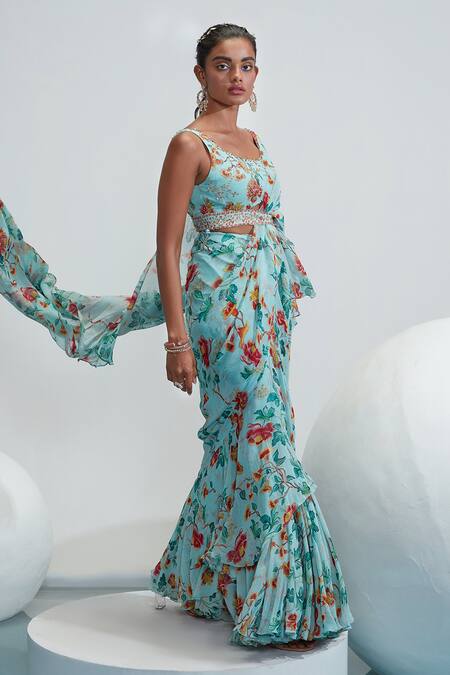 Shop_Mahima Mahajan_Blue Georgette, Cotton Lycra, Amani Printed Pre-stitched Saree With Blouse_Online_at_Aza_Fashions