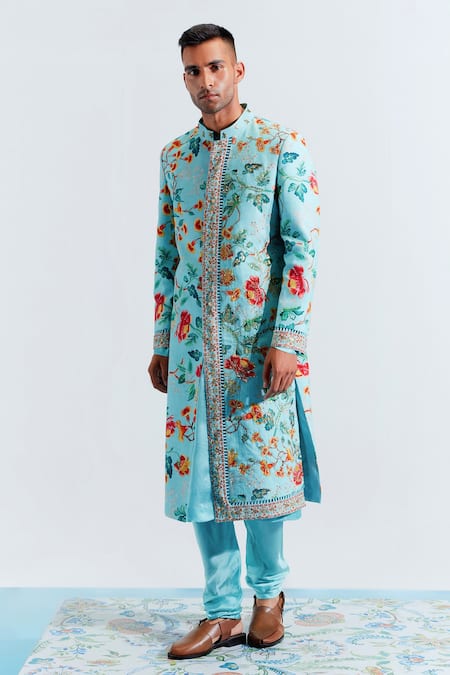 Mahima Mahajan Blue Satin Organza Embroidered Sequin Sherwani Set 