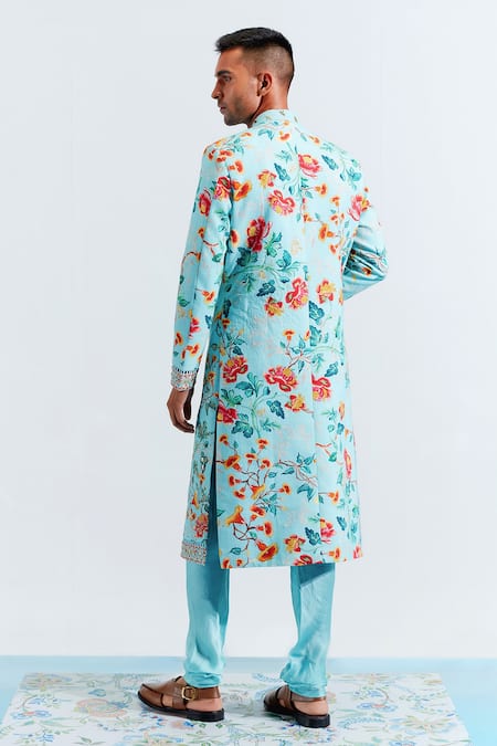 Shop_Mahima Mahajan_Blue Satin Organza, Textured Cotton And Shantoon Embroidered Sherwani Set _at_Aza_Fashions