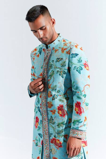 Mahima Mahajan_Blue Satin Organza, Textured Cotton And Shantoon Embroidered Sherwani Set _Online_at_Aza_Fashions