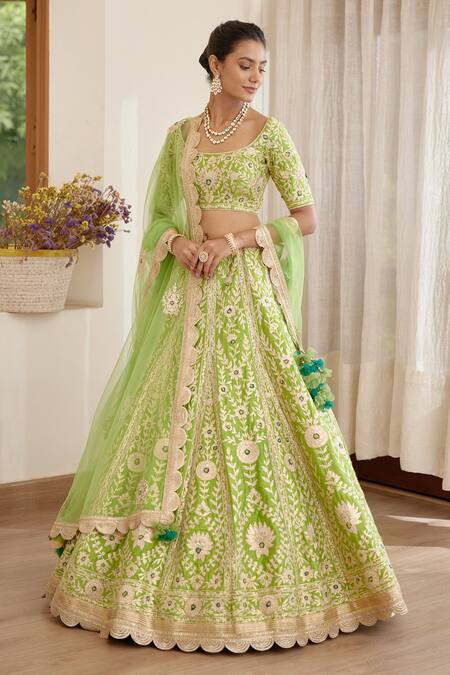 Buy Shyam Narayan Prasad Green Raw Silk And Net Gota & Thread Scoop Floral Embroidered Bridal Lehenga Set Online at Aza Fashions Buy_Shyam Narayan Prasad_Green Raw Silk And Net Gota & Thread Scoop Floral Embroidered Bridal Lehenga Set _Online_at_Aza_Fashions