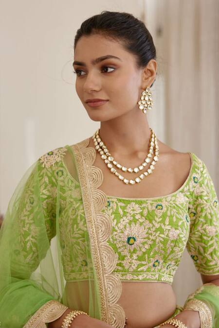 Shop Shyam Narayan Prasad Green Raw Silk And Net Gota & Thread Scoop Floral Embroidered Bridal Lehenga Set Online at Aza Fashions Shop_Shyam Narayan Prasad_Green Raw Silk And Net Gota & Thread Scoop Floral Embroidered Bridal Lehenga Set _Online_at_Aza_Fashions