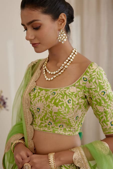 Shyam Narayan Prasad Green Raw Silk And Net Gota & Thread Scoop Floral Embroidered Bridal Lehenga Set at Aza Fashions Shyam Narayan Prasad_Green Raw Silk And Net Gota & Thread Scoop Floral Embroidered Bridal Lehenga Set _at_Aza_Fashions