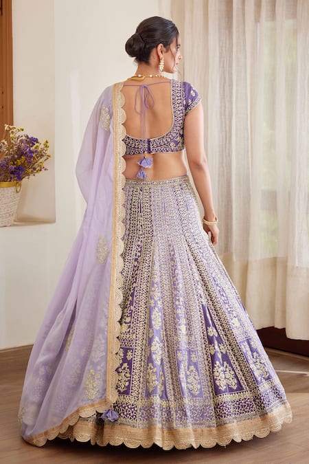 Shop_Shyam Narayan Prasad_Purple Raw Silk And Chiffon Zari Scoop Neck Floral Embroidered Bridal Lehenga Set _at_Aza_Fashions