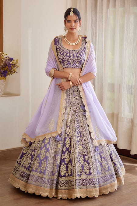 Buy_Shyam Narayan Prasad_Purple Raw Silk And Chiffon Zari Scoop Neck Floral Embroidered Bridal Lehenga Set _Online_at_Aza_Fashions