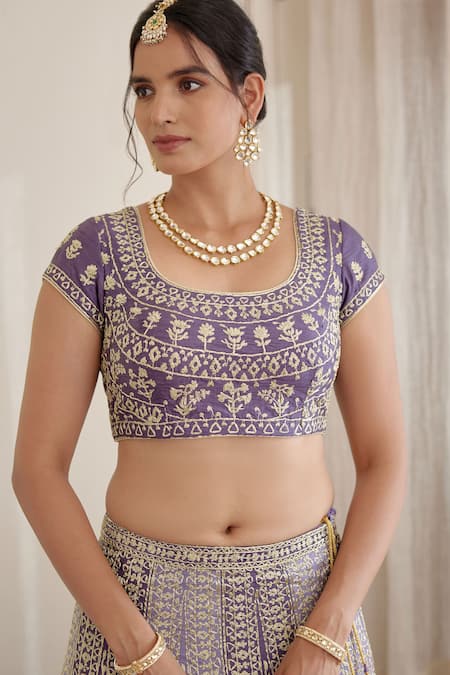 Shop_Shyam Narayan Prasad_Purple Raw Silk And Chiffon Zari Scoop Neck Floral Embroidered Bridal Lehenga Set _Online_at_Aza_Fashions