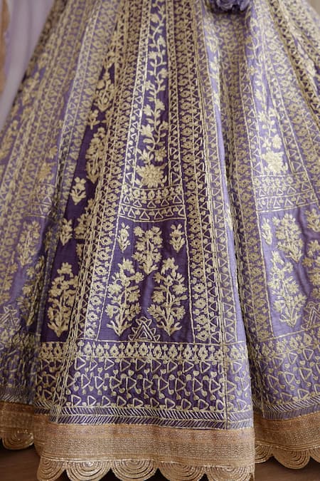 Shyam Narayan Prasad_Purple Raw Silk And Chiffon Zari Scoop Neck Floral Embroidered Bridal Lehenga Set _at_Aza_Fashions