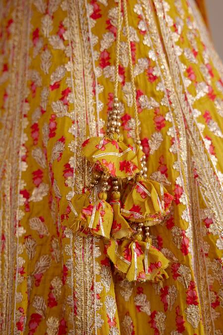 Shyam Narayan Prasad_Yellow Silk And Net Gota & Thread Scoop Neck Embroidered Bridal Lehenga Set _at_Aza_Fashions