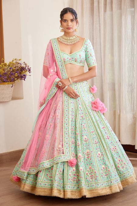 Green Embroidered Lehenga And Hot Pink Blouse Set available only at  Pernia's Pop Up Shop. 2024
