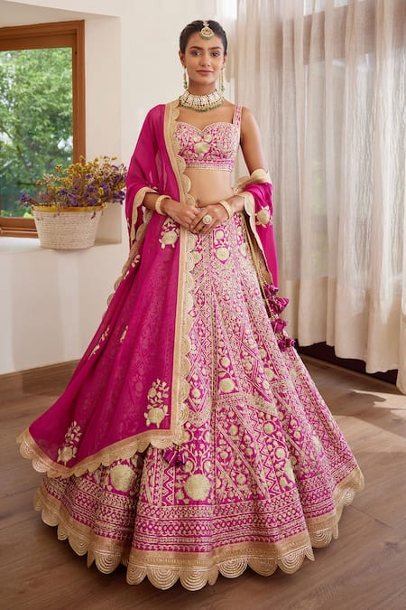 Shyam Narayan Prasad Pink Silk And Net Embroidery Zari Sweetheart Neck Bridal Lehenga Set 