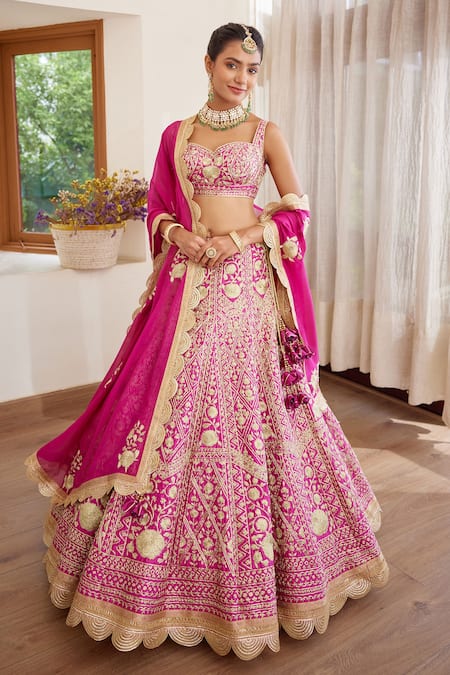 Shyam Narayan Prasad_Pink Silk And Net Zari Sweetheart Neck Embroidered Bridal Lehenga Set _Online_at_Aza_Fashions