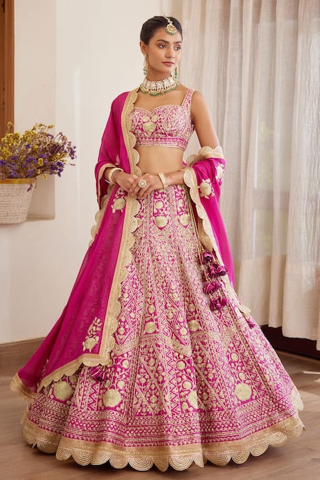 Buy_Shyam Narayan Prasad_Pink Silk And Net Zari Sweetheart Neck Embroidered Bridal Lehenga Set _Online_at_Aza_Fashions