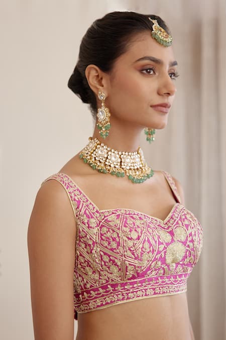 Shop_Shyam Narayan Prasad_Pink Silk And Net Zari Sweetheart Neck Embroidered Bridal Lehenga Set _Online_at_Aza_Fashions