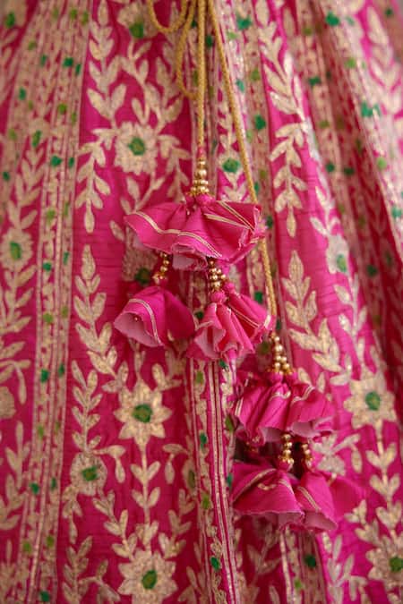 Shyam Narayan Prasad_Pink Silk And Net Gota & Thread Scoop Neck Embroidered Bridal Lehenga Set _at_Aza_Fashions