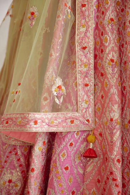 Shop_Shyam Narayan Prasad_Pink Silk And Net Gota & Thread Scoop Neck Embroidered Bridal Lehenga Set _Online_at_Aza_Fashions