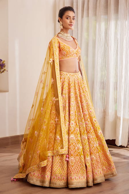 Shyam Narayan Prasad Yellow Silk And Net Gota & Thread Leaf Neck Embroidered Bridal Lehenga Set Online at Aza Fashions Shyam Narayan Prasad_Yellow Silk And Net Gota & Thread Leaf Neck Embroidered Bridal Lehenga Set _Online_at_Aza_Fashions