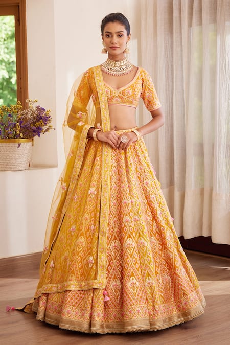 Buy Shyam Narayan Prasad Yellow Silk And Net Gota & Thread Leaf Neck Embroidered Bridal Lehenga Set Online at Aza Fashions Buy_Shyam Narayan Prasad_Yellow Silk And Net Gota & Thread Leaf Neck Embroidered Bridal Lehenga Set _Online_at_Aza_Fashions