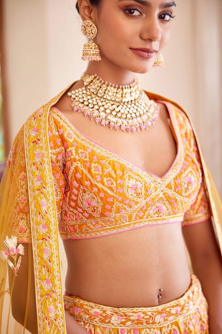 Shop Shyam Narayan Prasad Yellow Silk And Net Gota & Thread Leaf Neck Embroidered Bridal Lehenga Set Online at Aza Fashions Shop_Shyam Narayan Prasad_Yellow Silk And Net Gota & Thread Leaf Neck Embroidered Bridal Lehenga Set _Online_at_Aza_Fashions