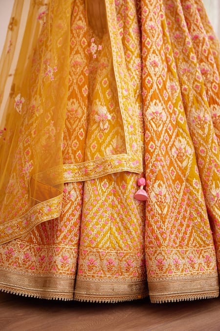 Shyam Narayan Prasad Yellow Silk And Net Gota & Thread Leaf Neck Embroidered Bridal Lehenga Set at Aza Fashions Shyam Narayan Prasad_Yellow Silk And Net Gota & Thread Leaf Neck Embroidered Bridal Lehenga Set _at_Aza_Fashions