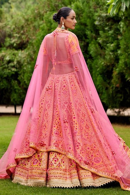 Shop_Shyam Narayan Prasad_Red Silk And Net Thread Scoop Neck Embroidered Bridal Lehenga Set _at_Aza_Fashions
